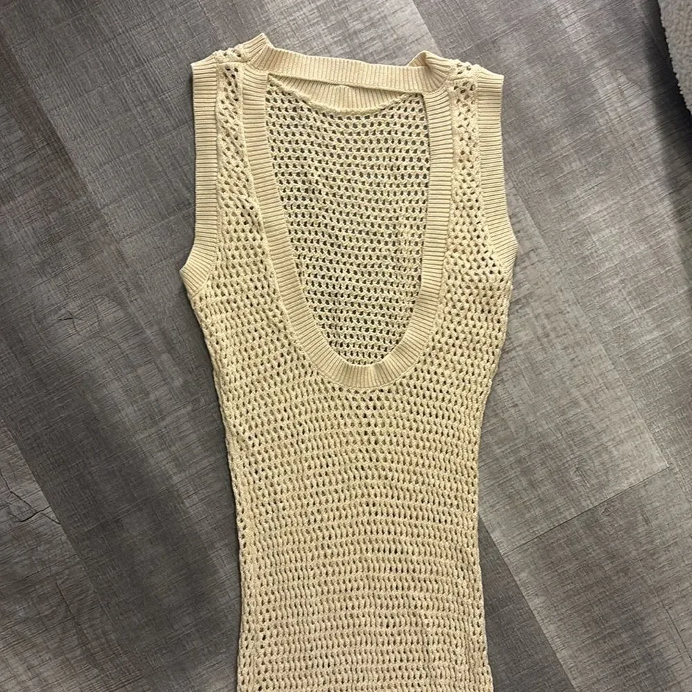 Beige open knit maxi coverup dress